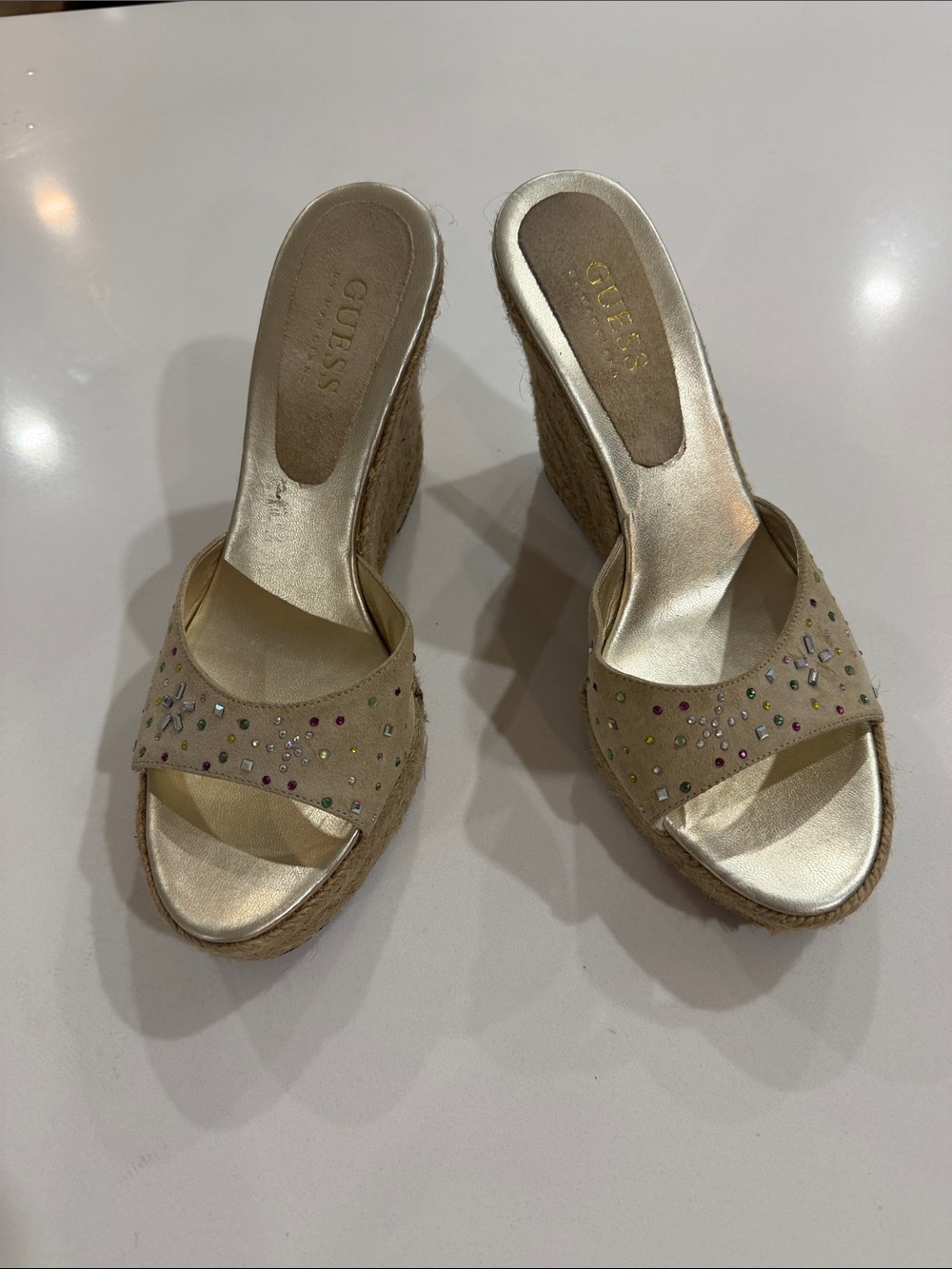 GUESS Beige Crystal-Embellished Espadrille Wedge Sandals